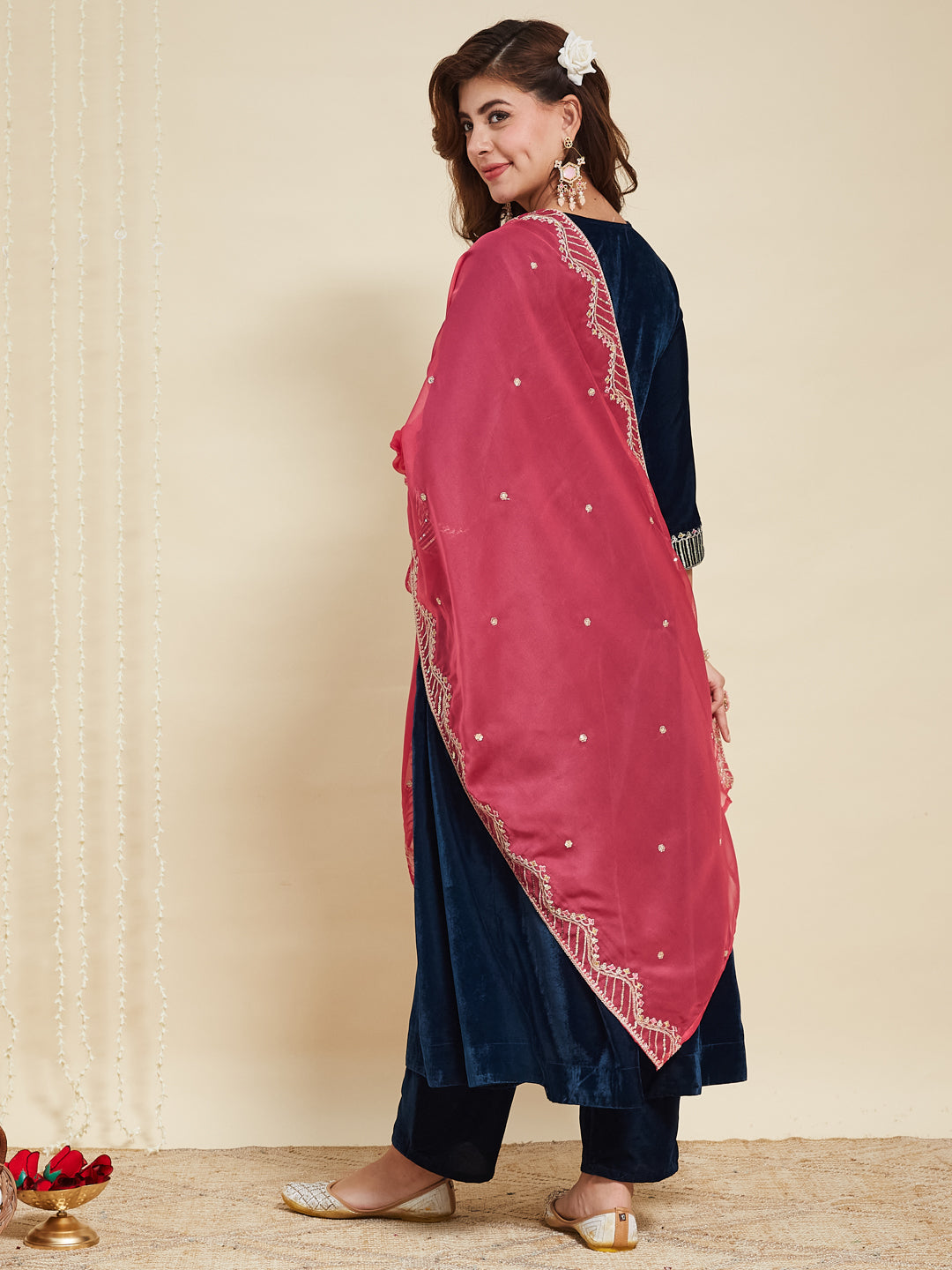 Teal Blue Solid Velvet Anarkali Suit With Dupatta