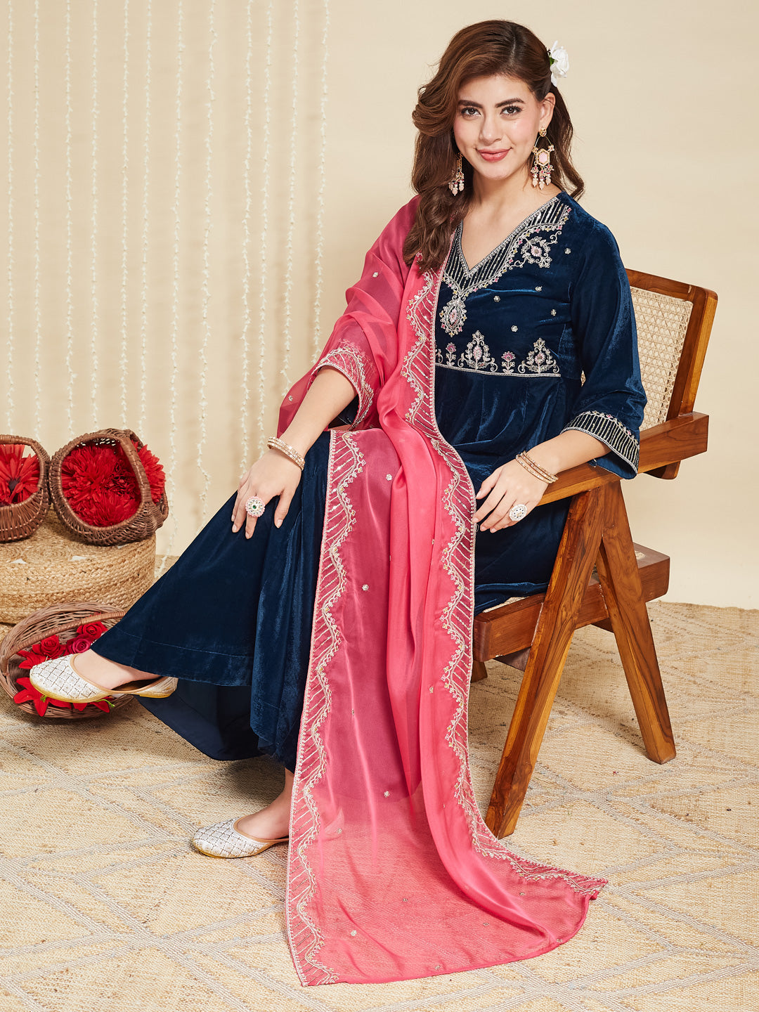 Teal Blue Solid Velvet Anarkali Suit With Dupatta