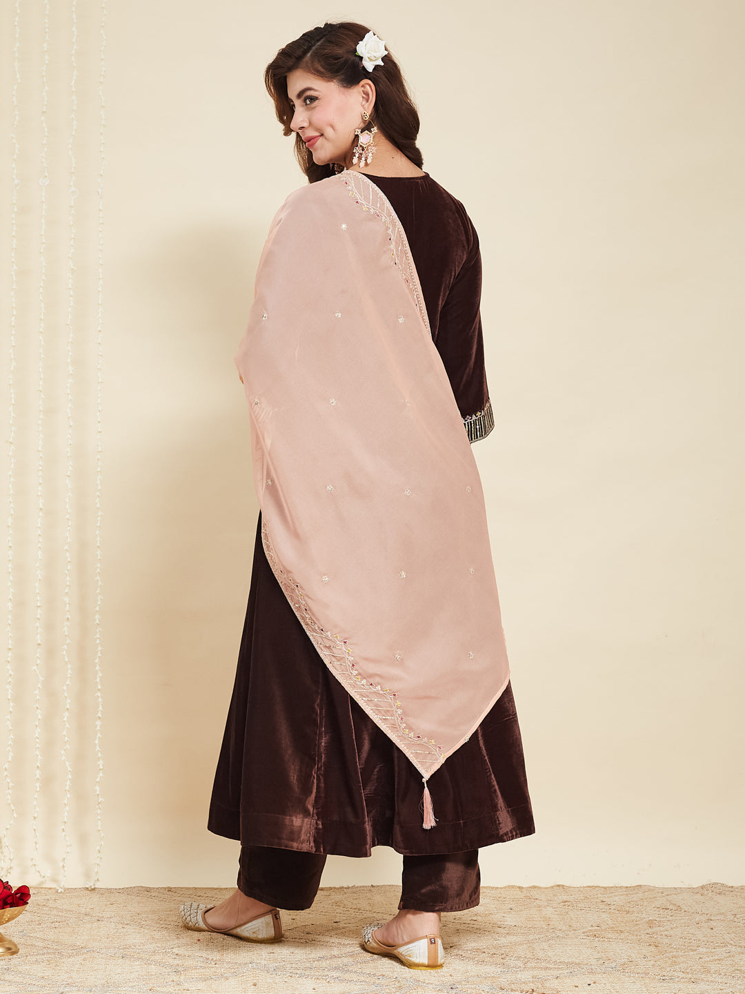 Coffee Solid Velvet Anarkali Suit With Dupatta