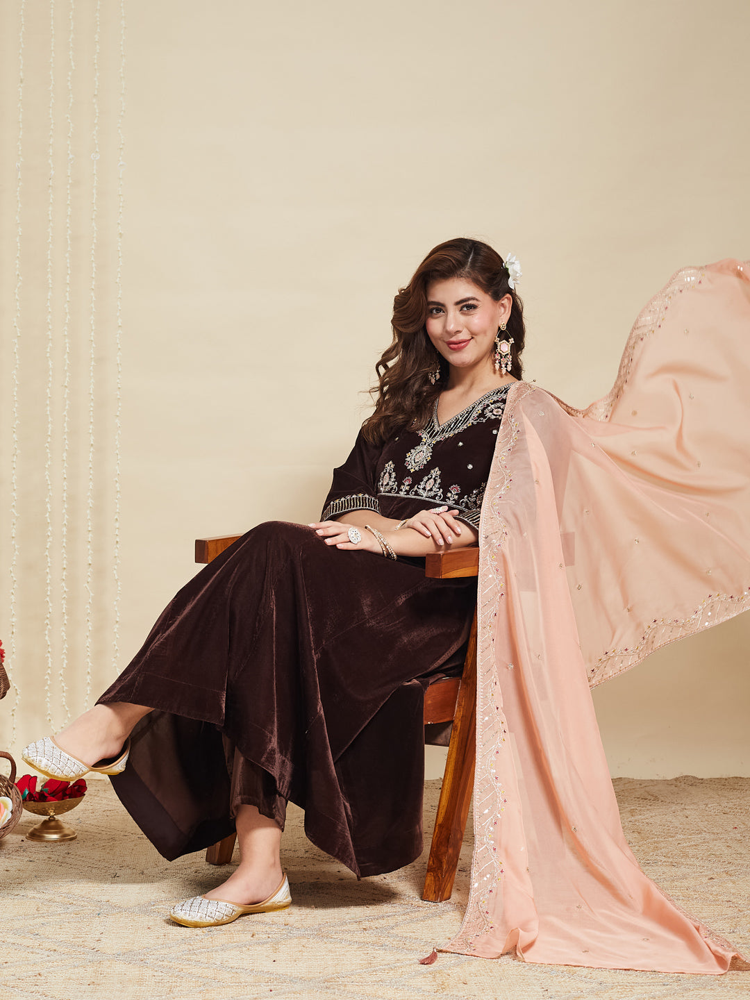 Coffee Solid Velvet Anarkali Suit With Dupatta
