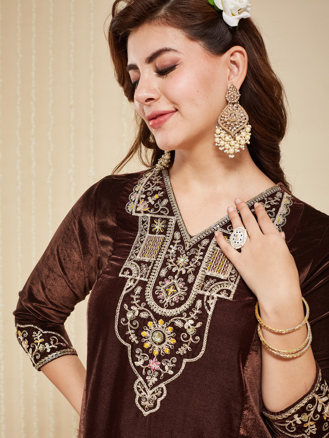 Coffee Velvet Embroidered Kurta set with golden Dupatta for women