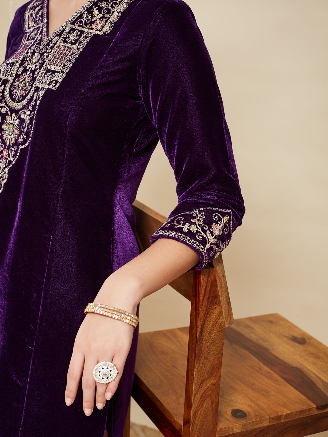Violet Velvet Embroidered Kurta set with pink Dupatta for women