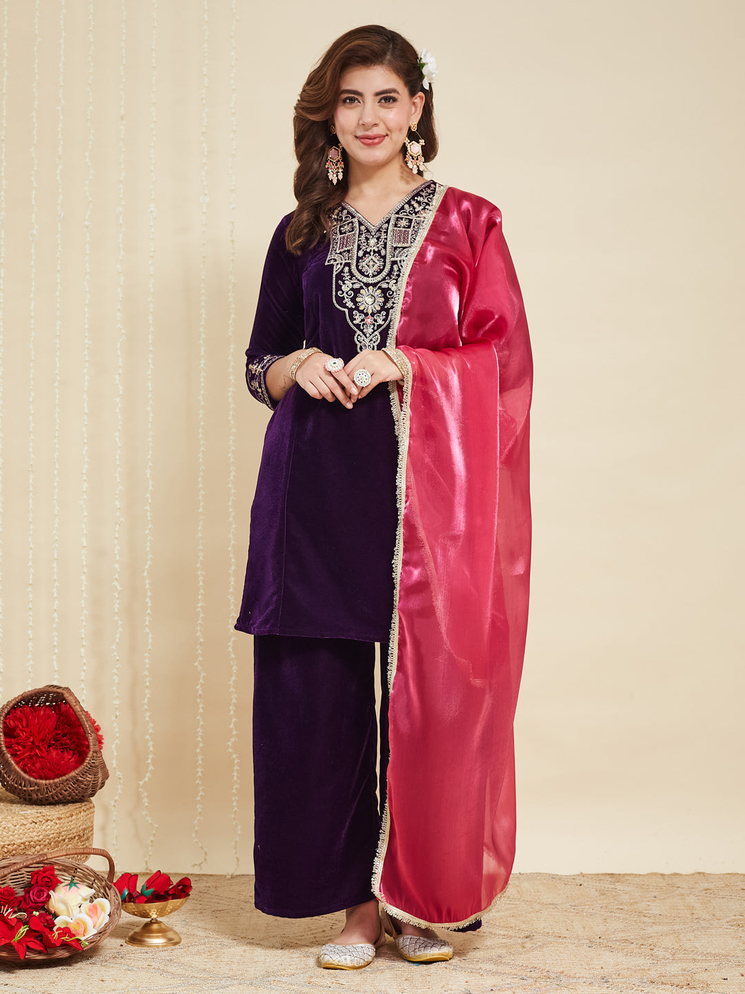 Violet Velvet Embroidered Kurta set with pink Dupatta for women