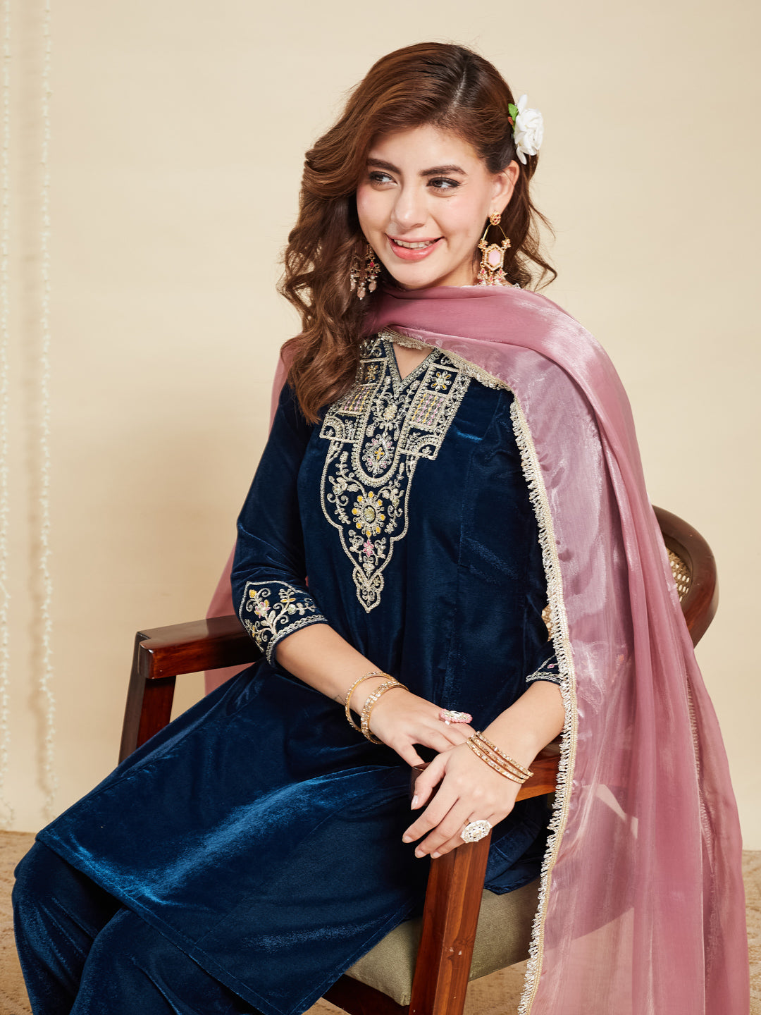 Teal Blue Velvet Embroidered Kurta set with pink Dupatta for women