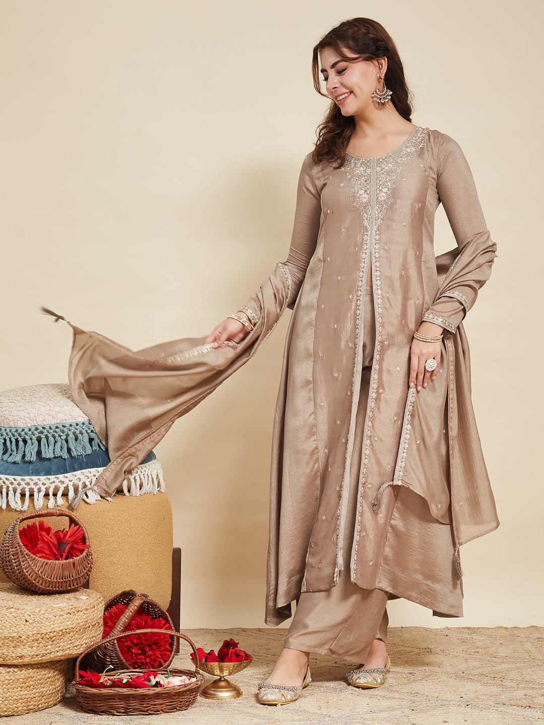 Grey Embroidered Silk Anarkali Kurta With Dupatta Set