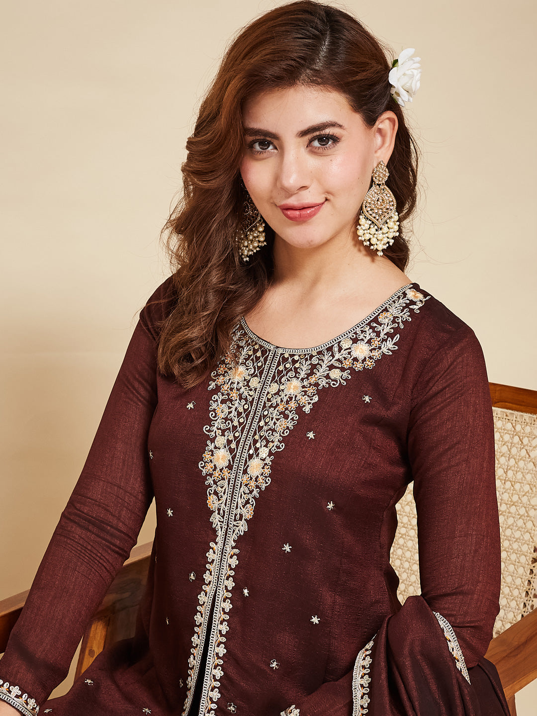 Coffee Embroidered Silk Anarkali Kurta With Dupatta Set