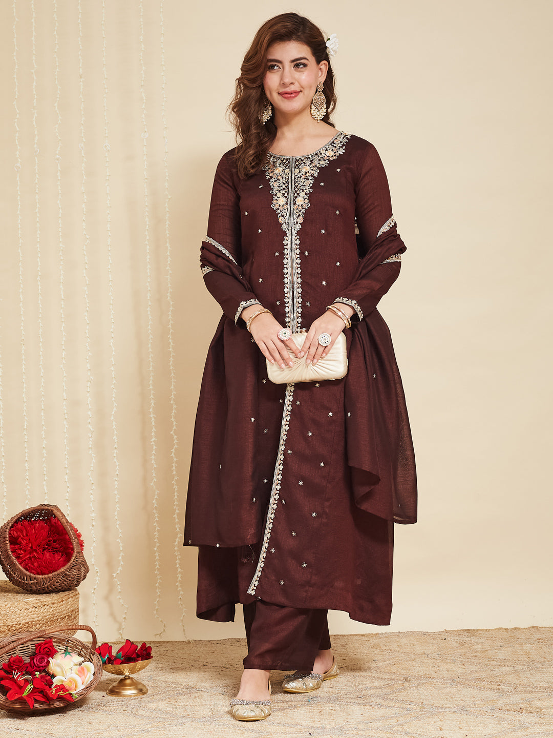 Coffee Embroidered Silk Anarkali Kurta With Dupatta Set