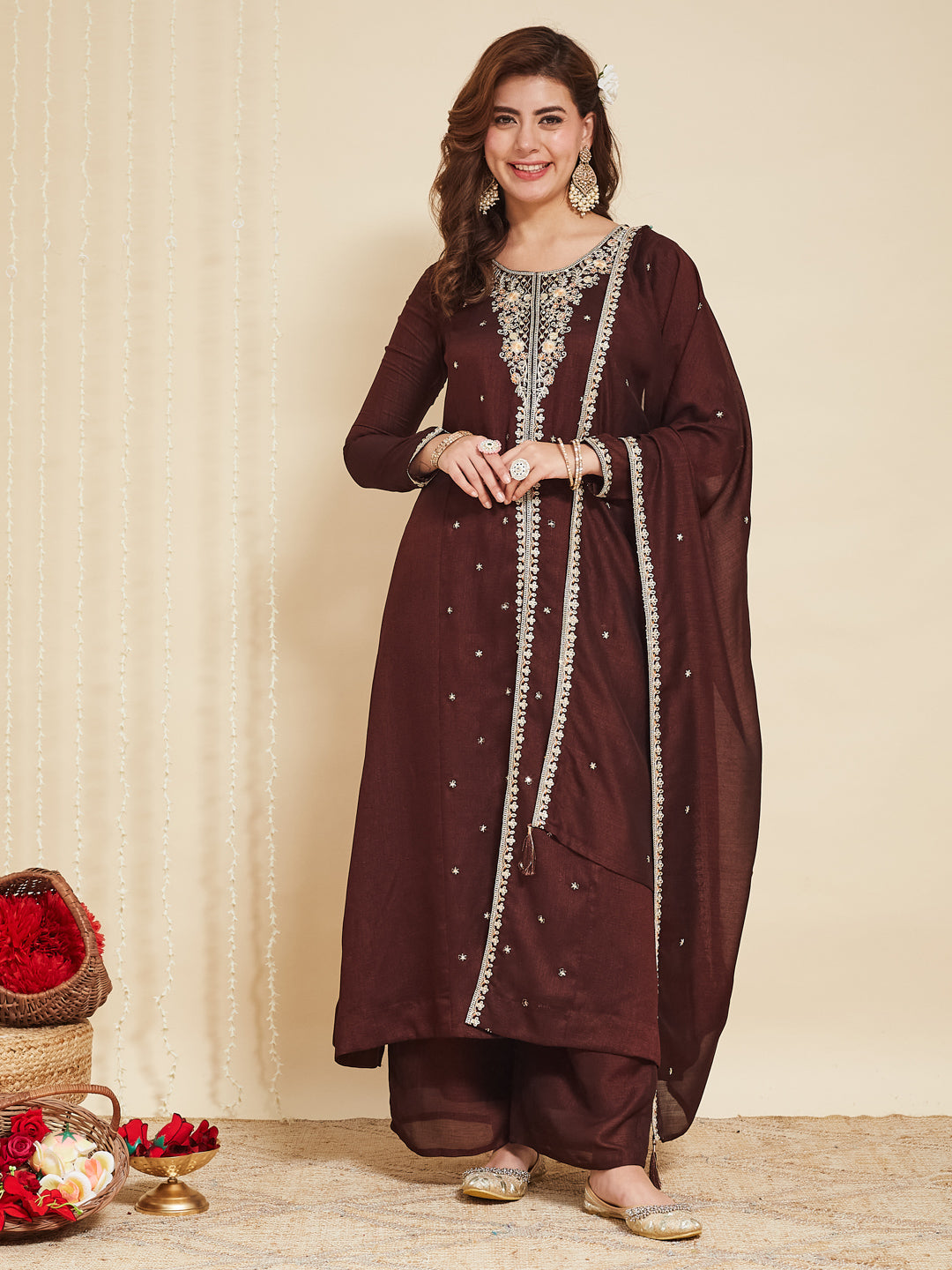 Coffee Embroidered Silk Anarkali Kurta With Dupatta Set