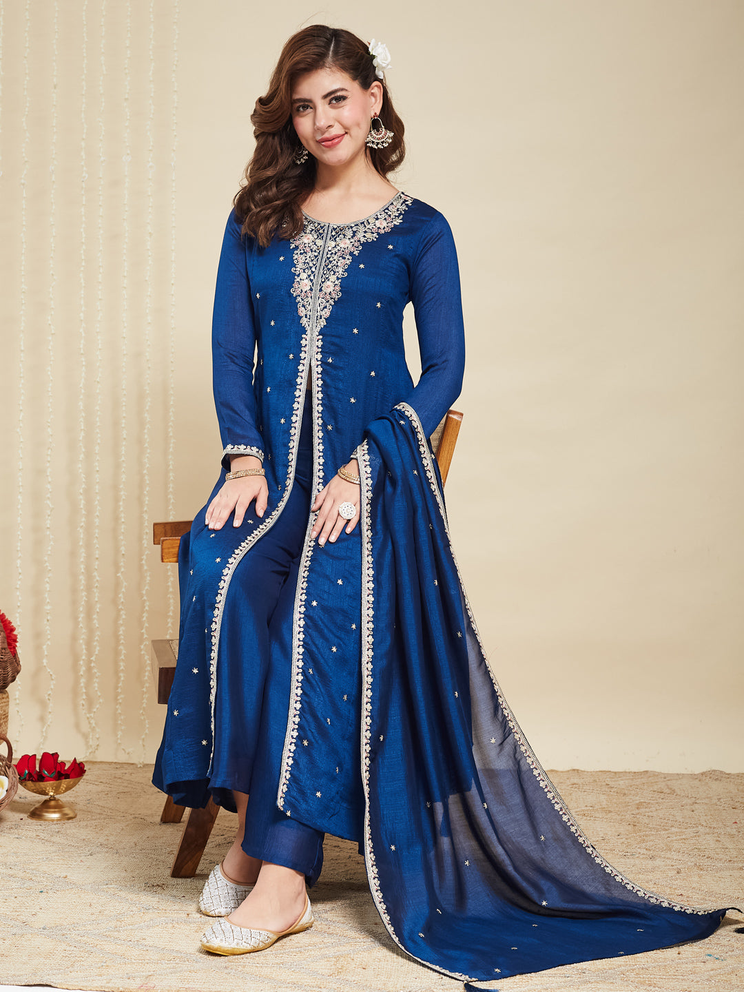 Teal Blue Embroidered Silk Anarkali Kurta With Dupatta Set