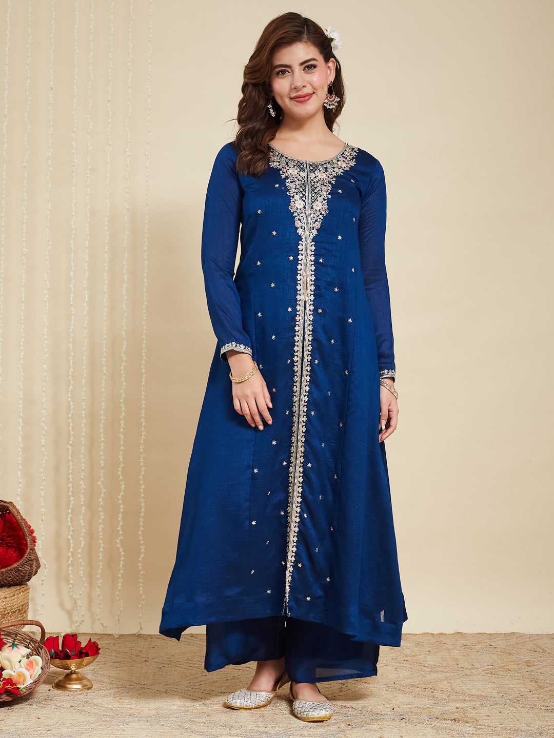 Teal Blue Embroidered Silk Anarkali Kurta With Dupatta Set