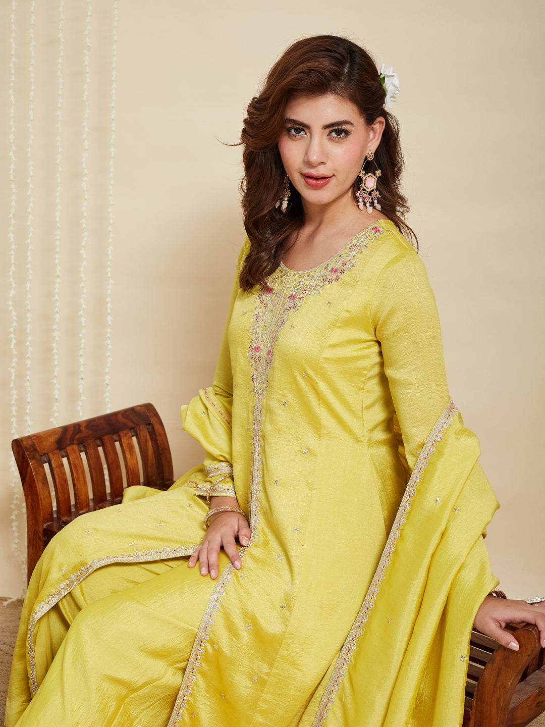 Lemon Yellow Embroidered Silk Anarkali Kurta With Dupatta Set