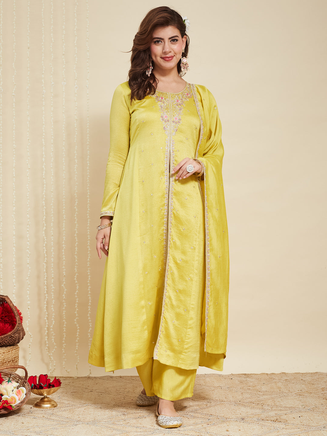 Lemon Yellow Embroidered Silk Anarkali Kurta With Dupatta Set