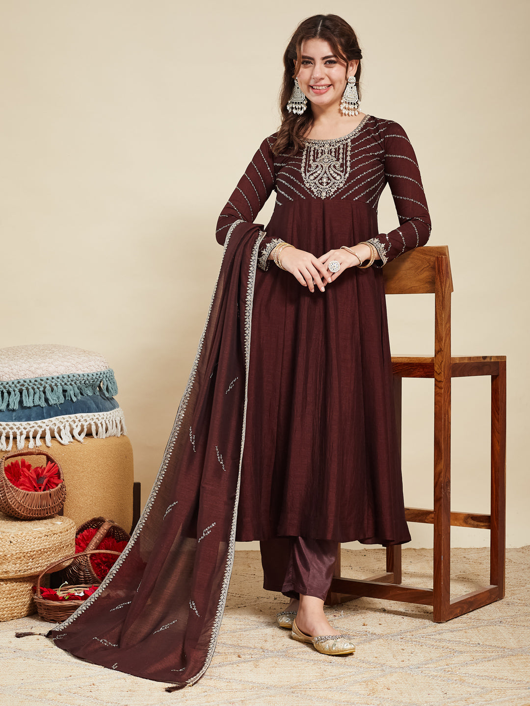 Coffee Embroidered Silk Anarkali Kurta With Dupatta Set