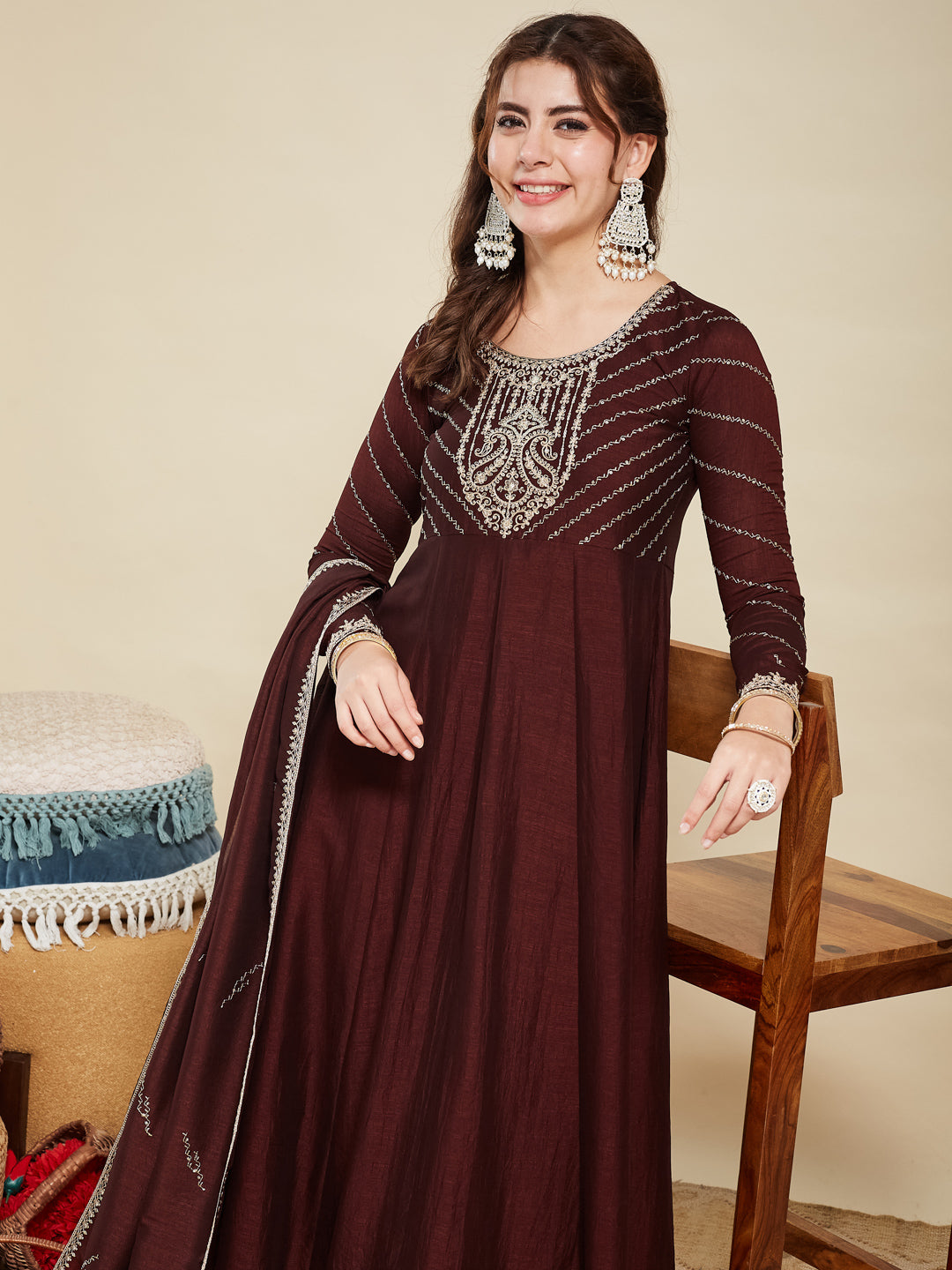 Coffee Embroidered Silk Anarkali Kurta With Dupatta Set