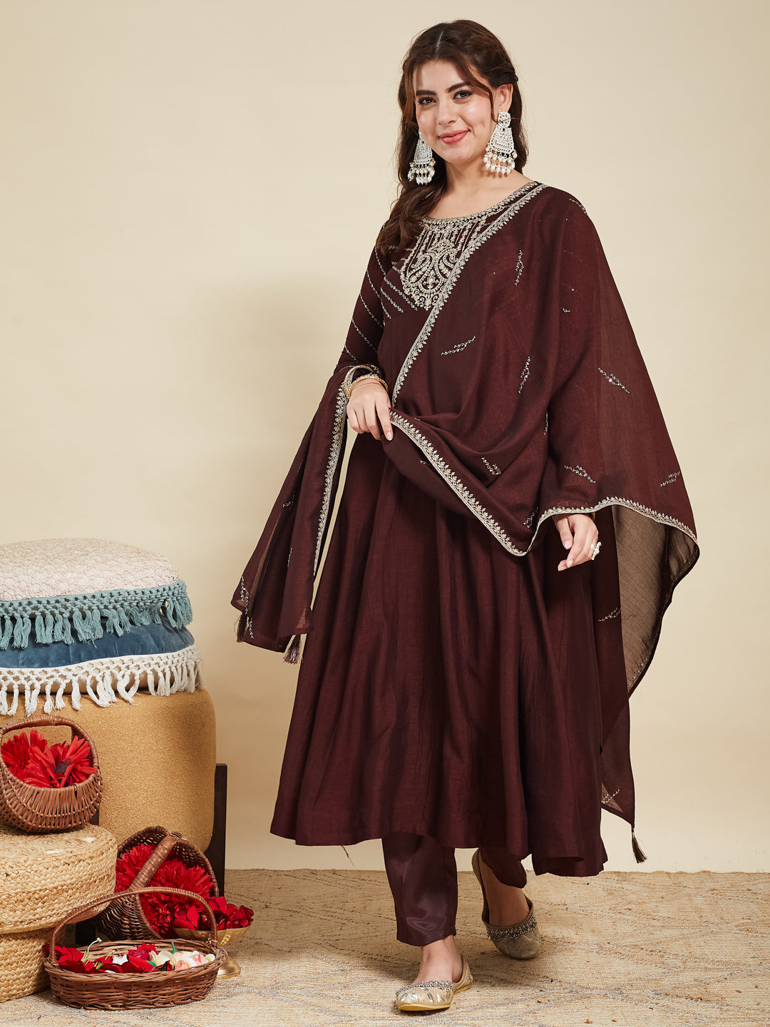 Coffee Embroidered Silk Anarkali Kurta With Dupatta Set