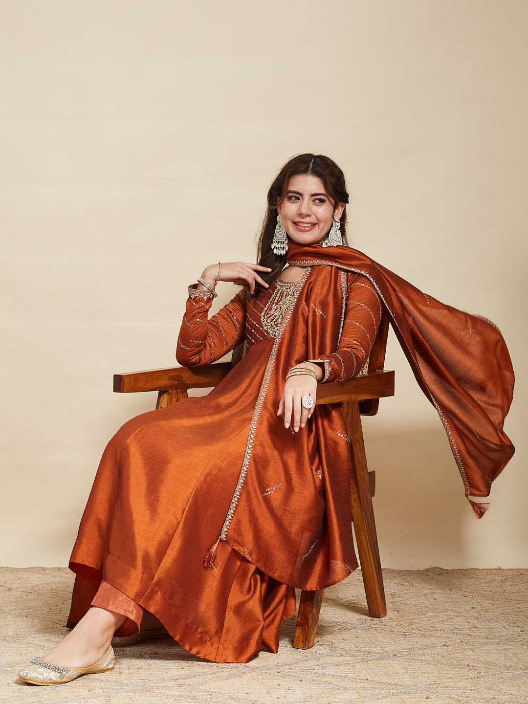 Rust Embroidered Silk Anarkali Kurta With Dupatta Set