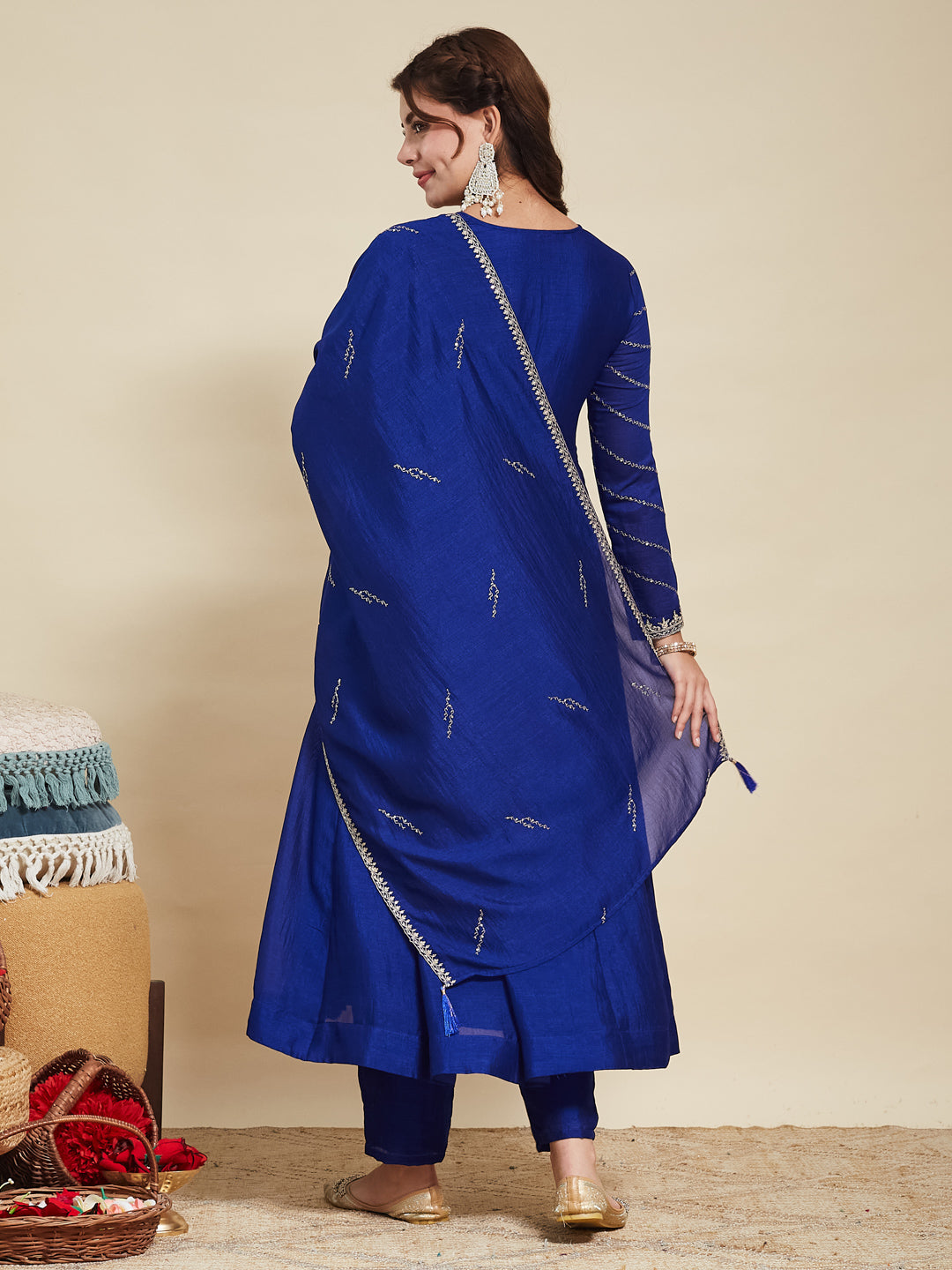 Royal Blue Embroidered Silk Anarkali Kurta With Dupatta Set