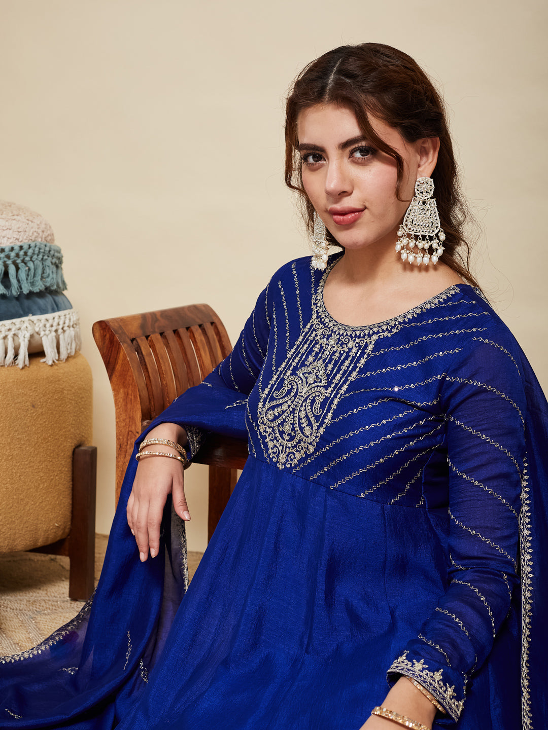 Royal Blue Embroidered Silk Anarkali Kurta With Dupatta Set