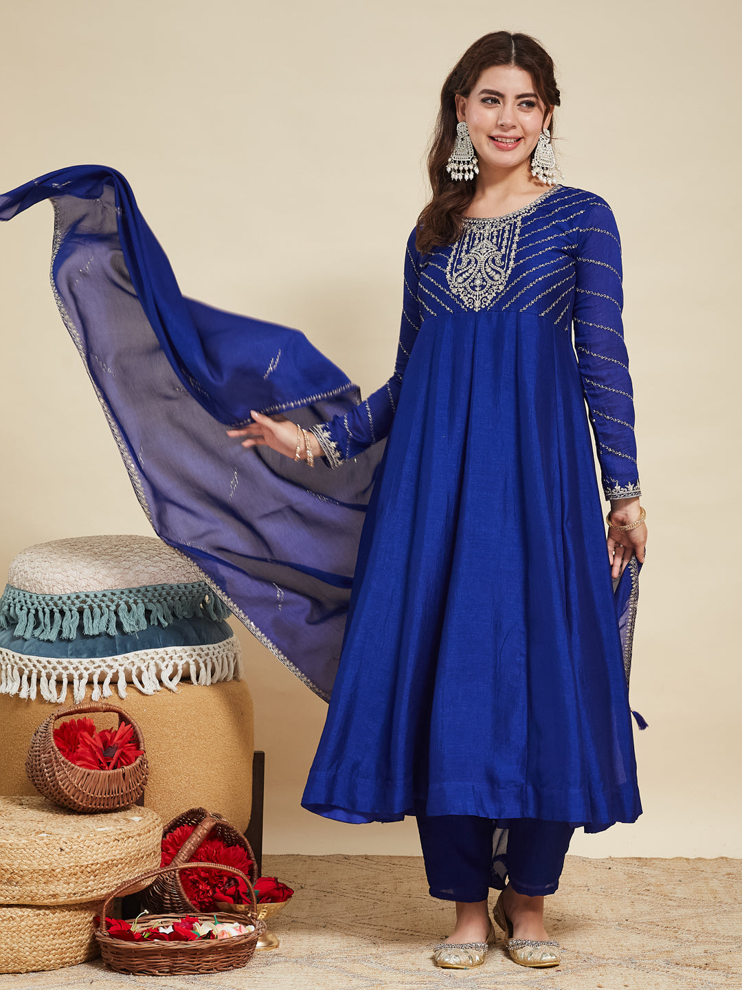 Royal Blue Embroidered Silk Anarkali Kurta With Dupatta Set