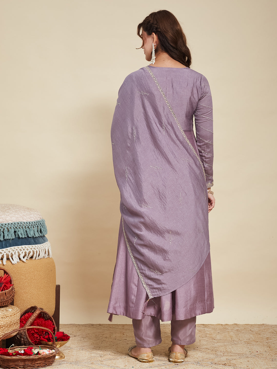 Dark Purple Embroidered Silk Anarkali Kurta With Dupatta Set