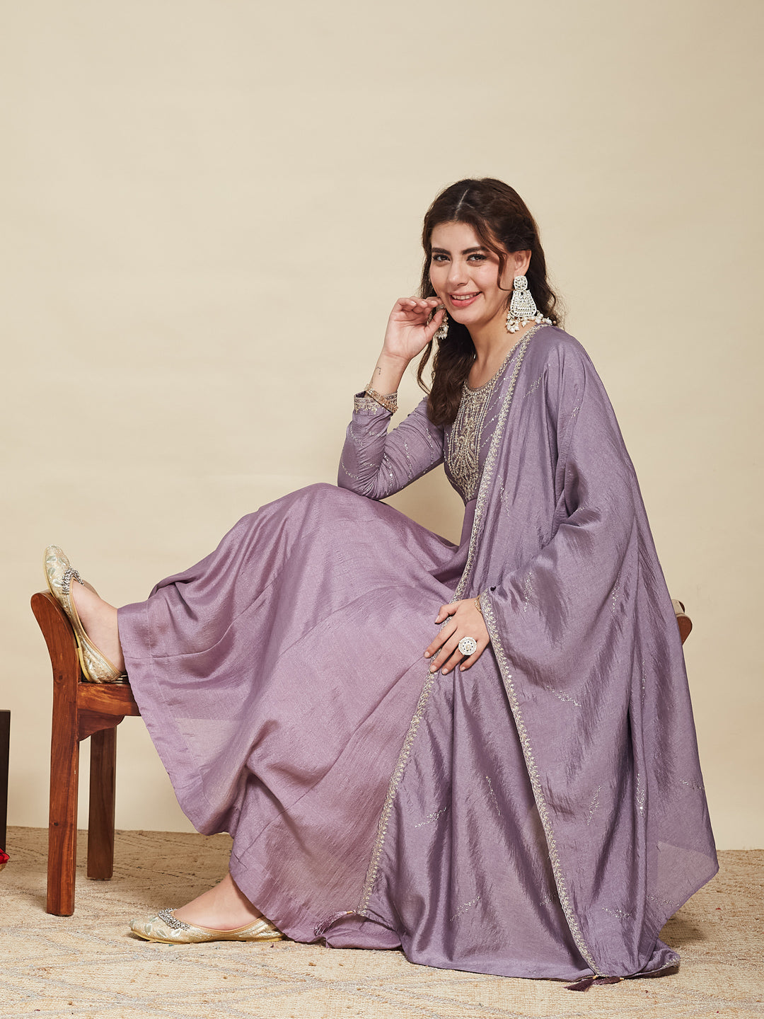 Dark Purple Embroidered Silk Anarkali Kurta With Dupatta Set