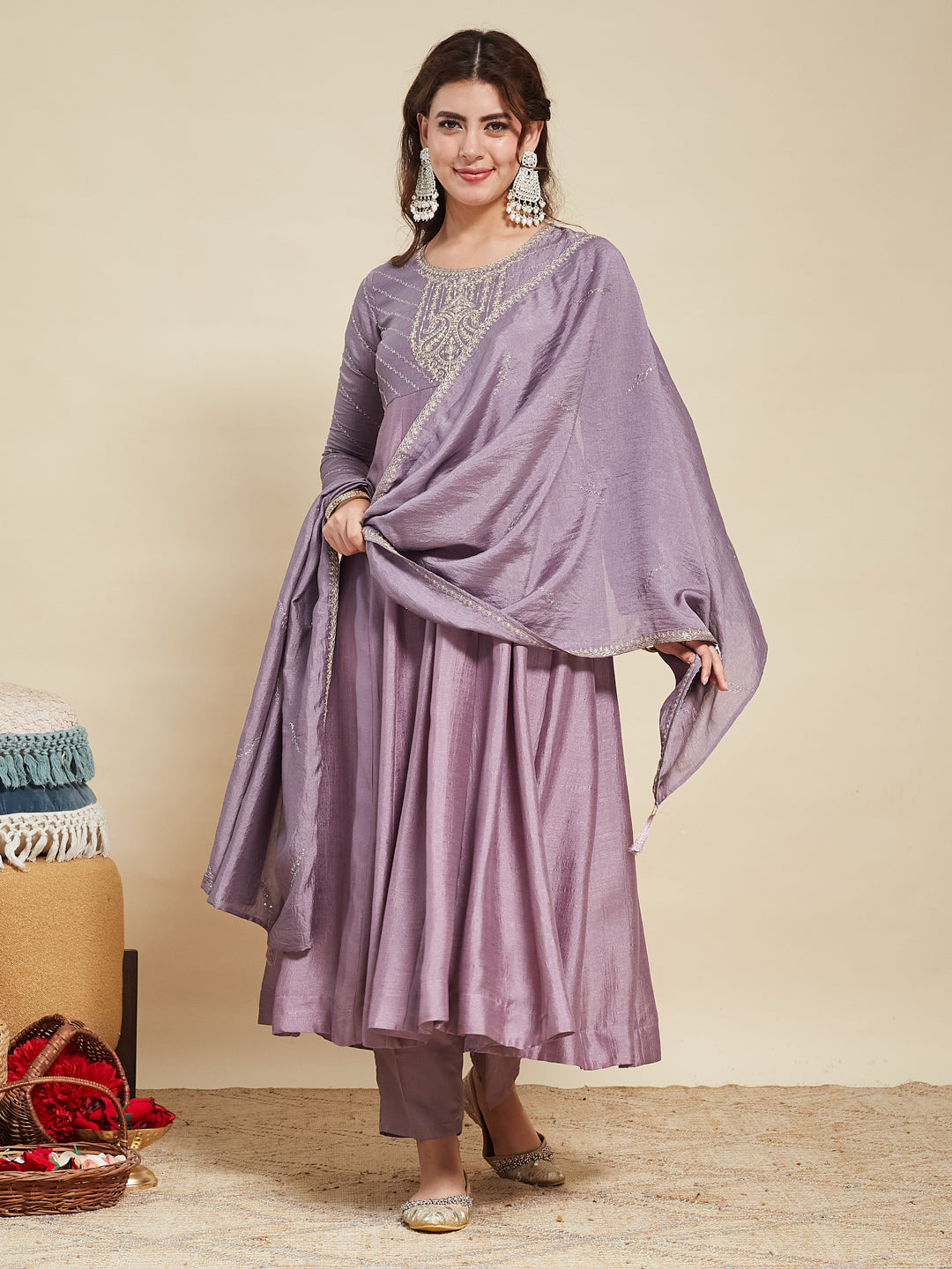 Dark Purple Embroidered Silk Anarkali Kurta With Dupatta Set