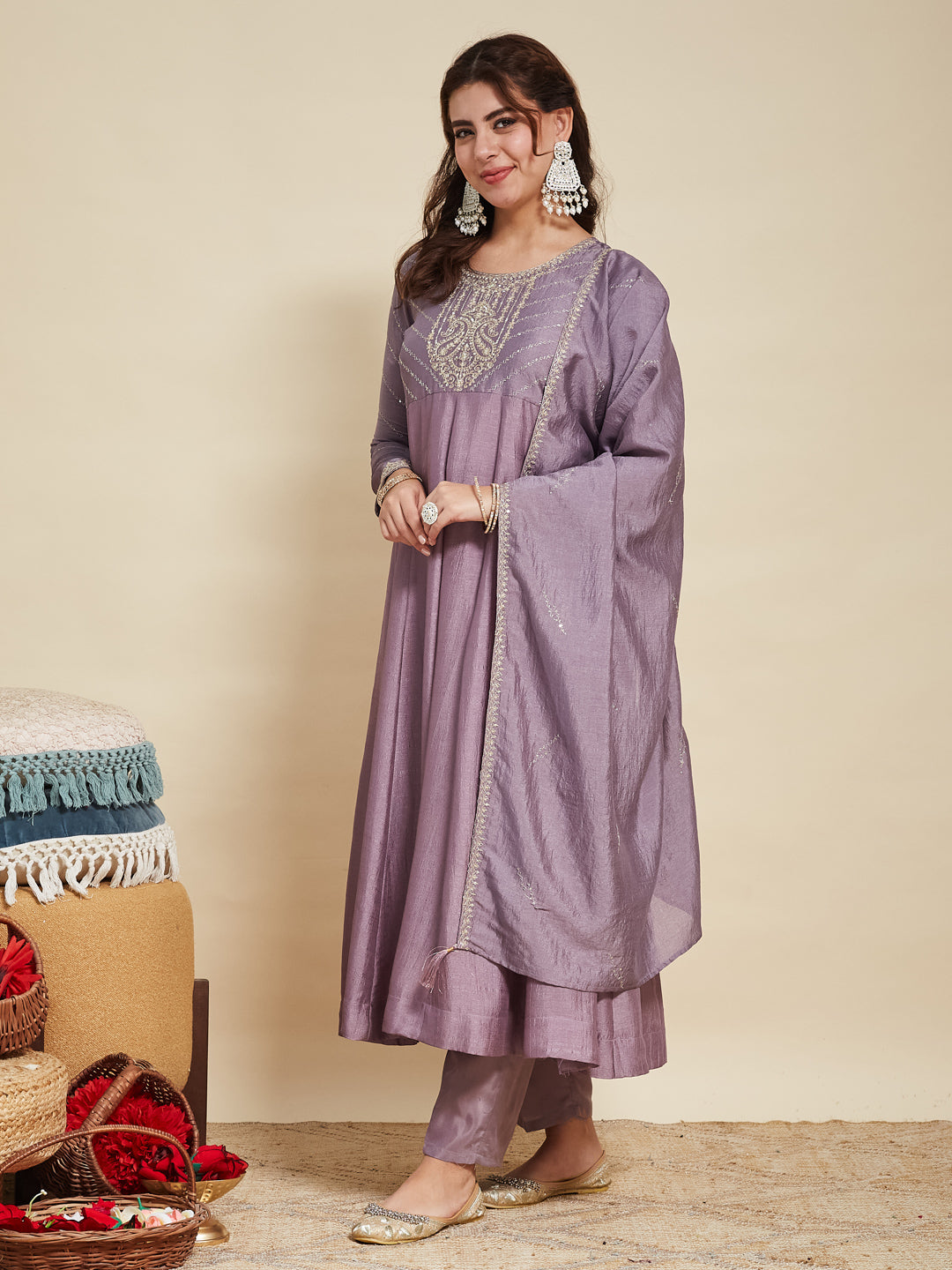 Dark Purple Embroidered Silk Anarkali Kurta With Dupatta Set