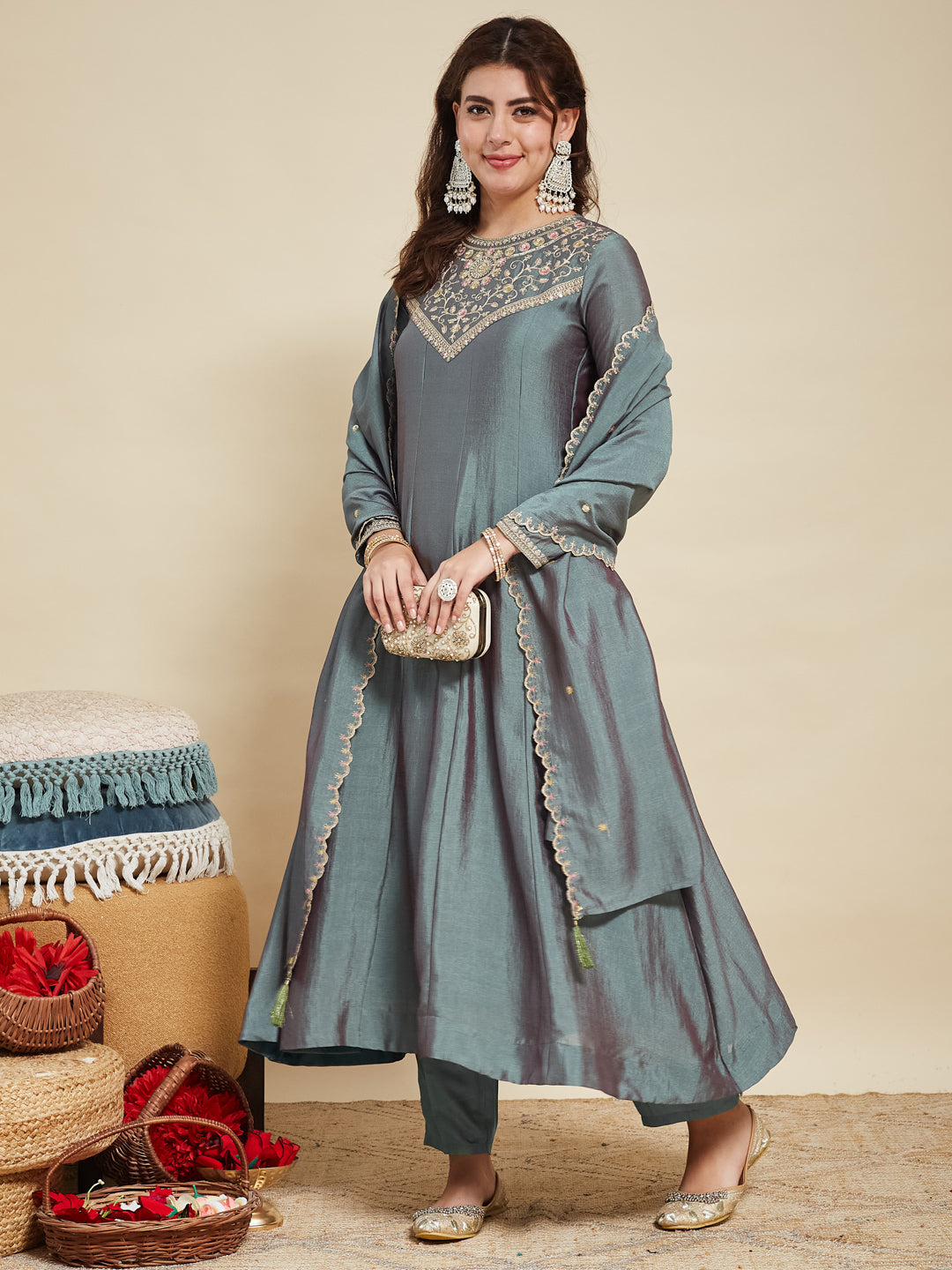 Olive Green Embroidered Silk Anarkali Kurta With Dupatta Set