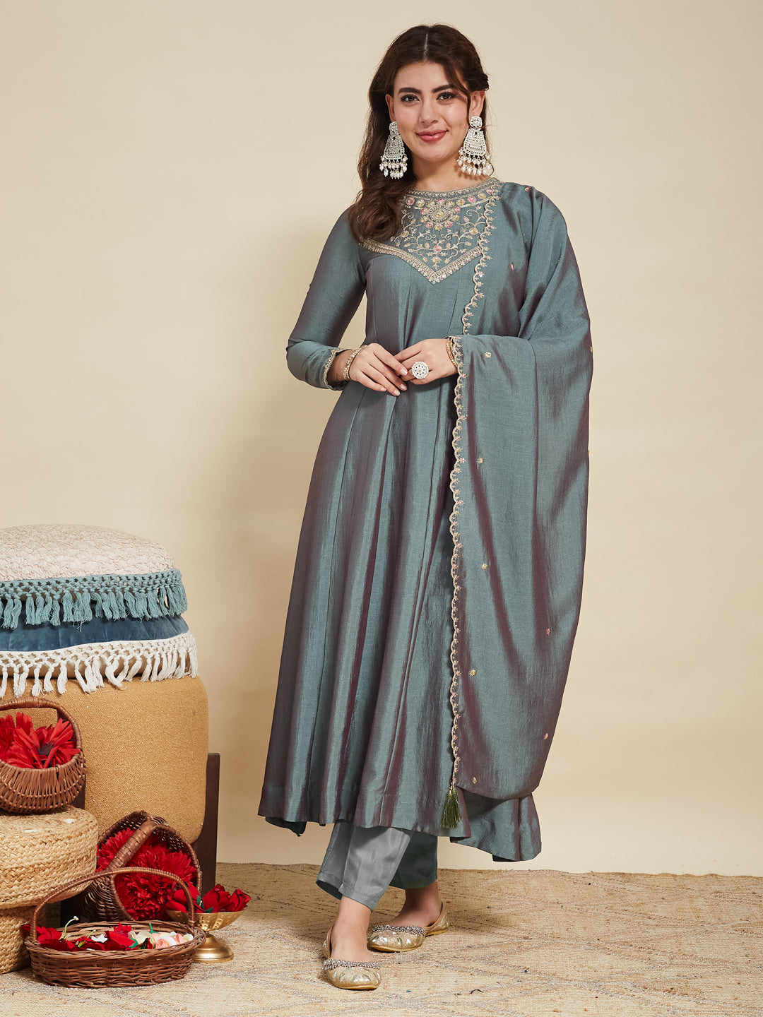 Olive Green Embroidered Silk Anarkali Kurta With Dupatta Set