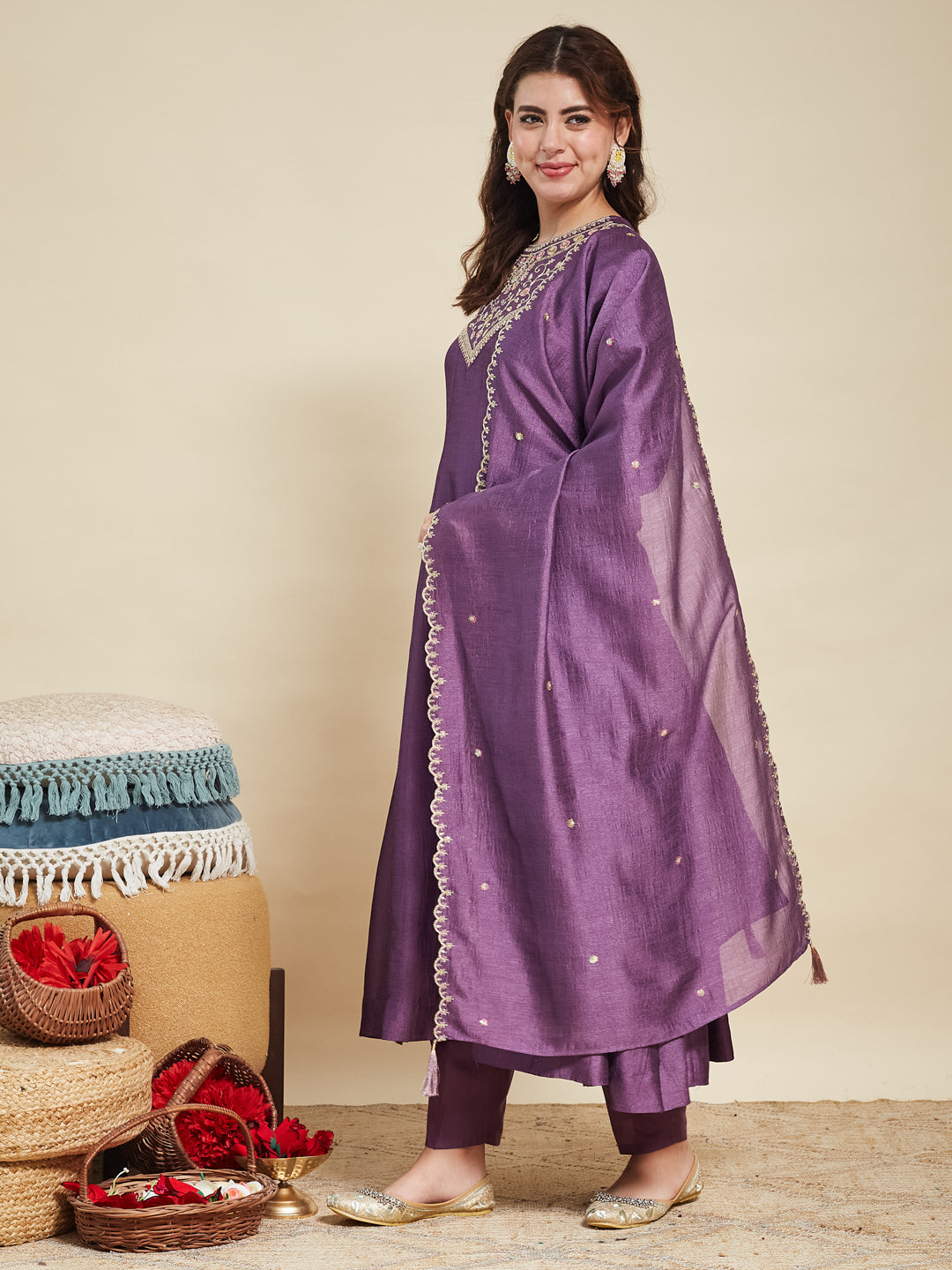 Dark Lavender Embroidered Silk Anarkali Kurta With Dupatta Set