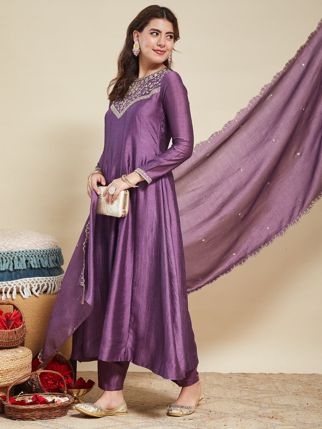 Dark Lavender Embroidered Silk Anarkali Kurta With Dupatta Set