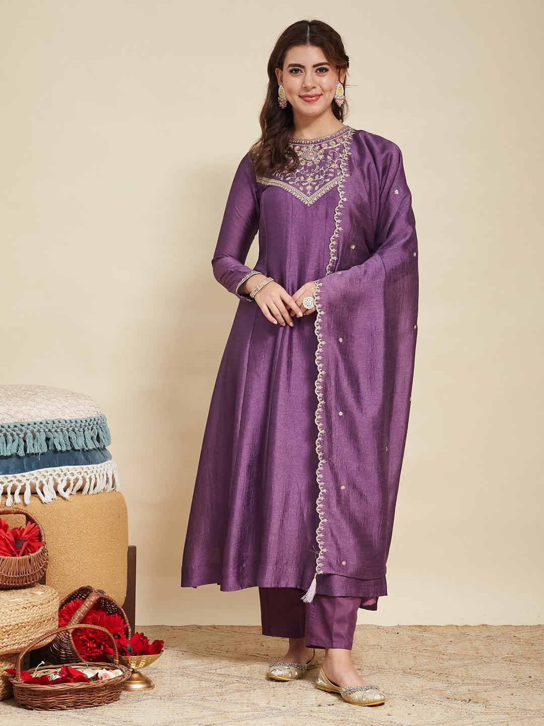 Dark Lavender Embroidered Silk Anarkali Kurta With Dupatta Set