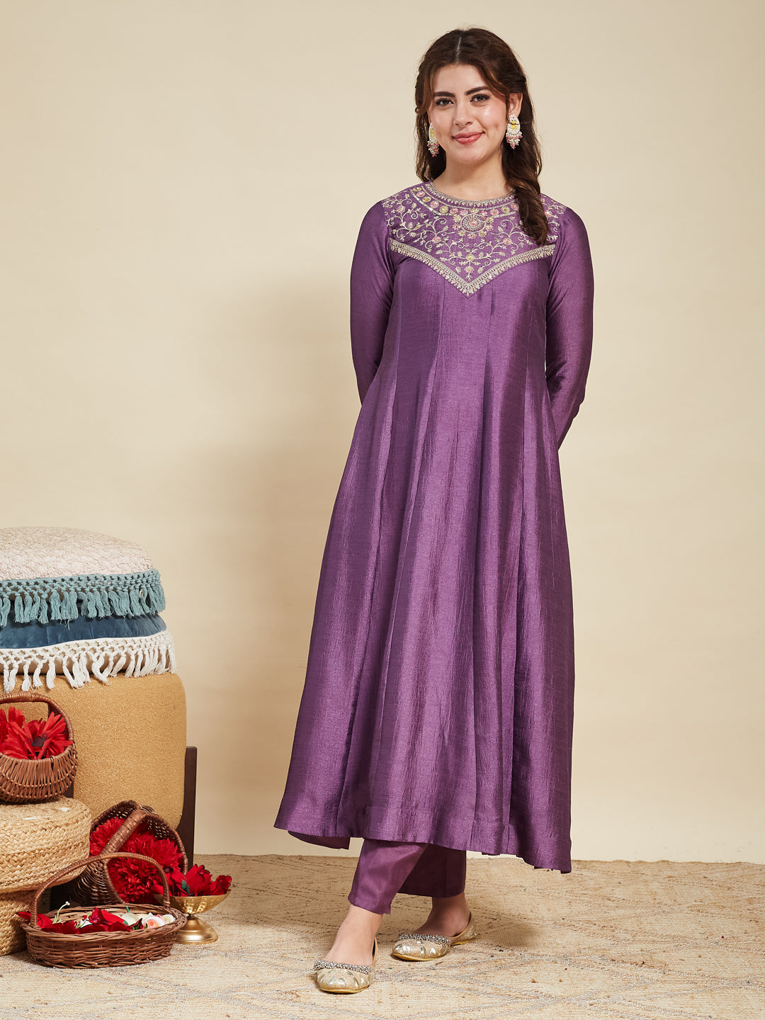 Dark Lavender Embroidered Silk Anarkali Kurta With Dupatta Set