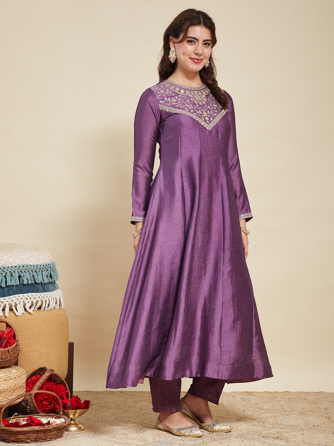 Dark Lavender Embroidered Silk Anarkali Kurta With Dupatta Set