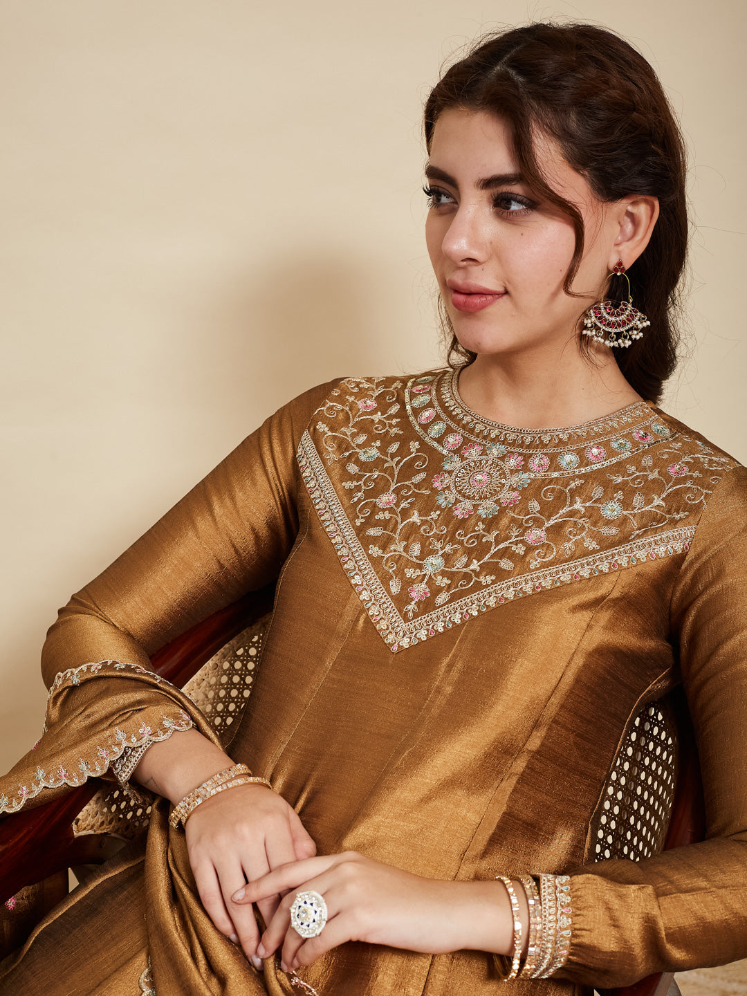 Golden Embroidered Silk Anarkali Kurta With Dupatta Set