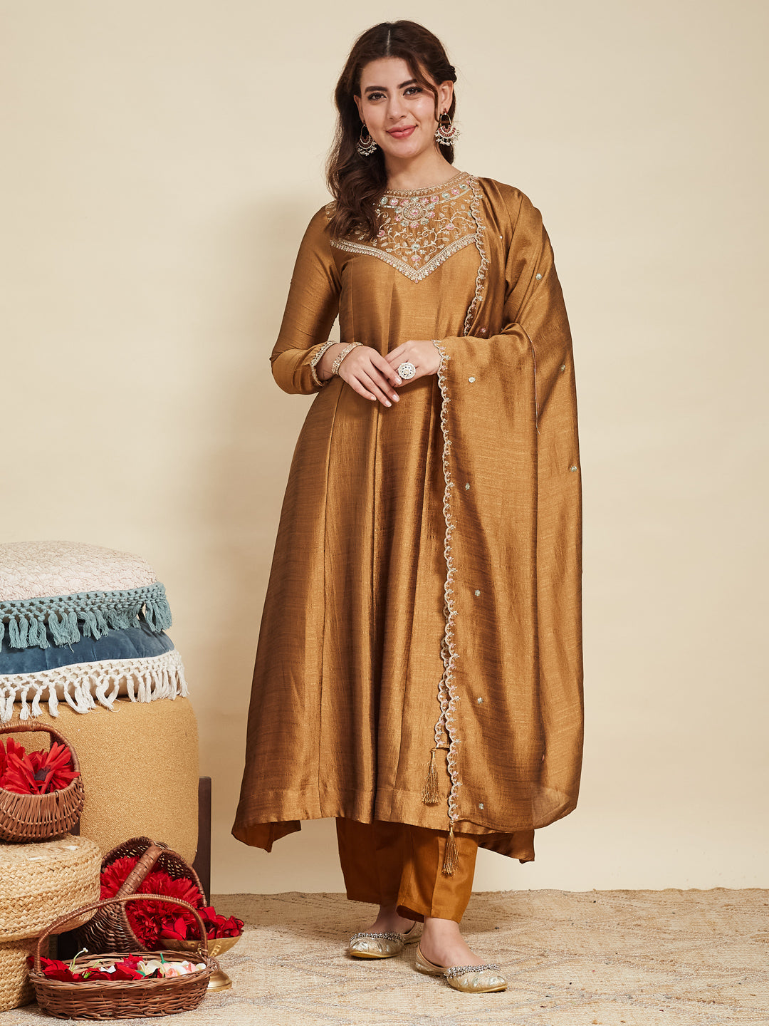 Golden Embroidered Silk Anarkali Kurta With Dupatta Set