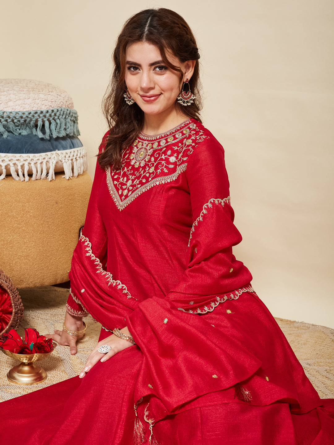 Red Embroidered Silk Anarkali Kurta With Dupatta Set