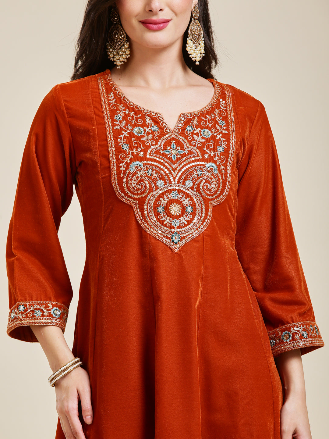 Orange Solid Velvet Anarkali Suit With Dupatta