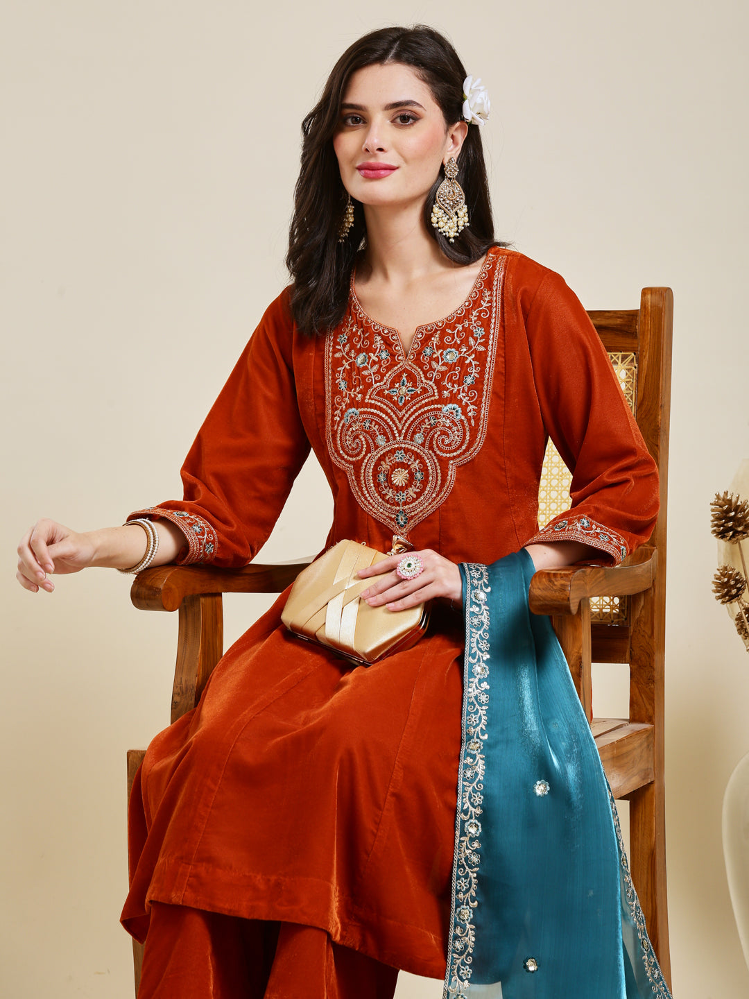 Orange Solid Velvet Anarkali Suit With Dupatta