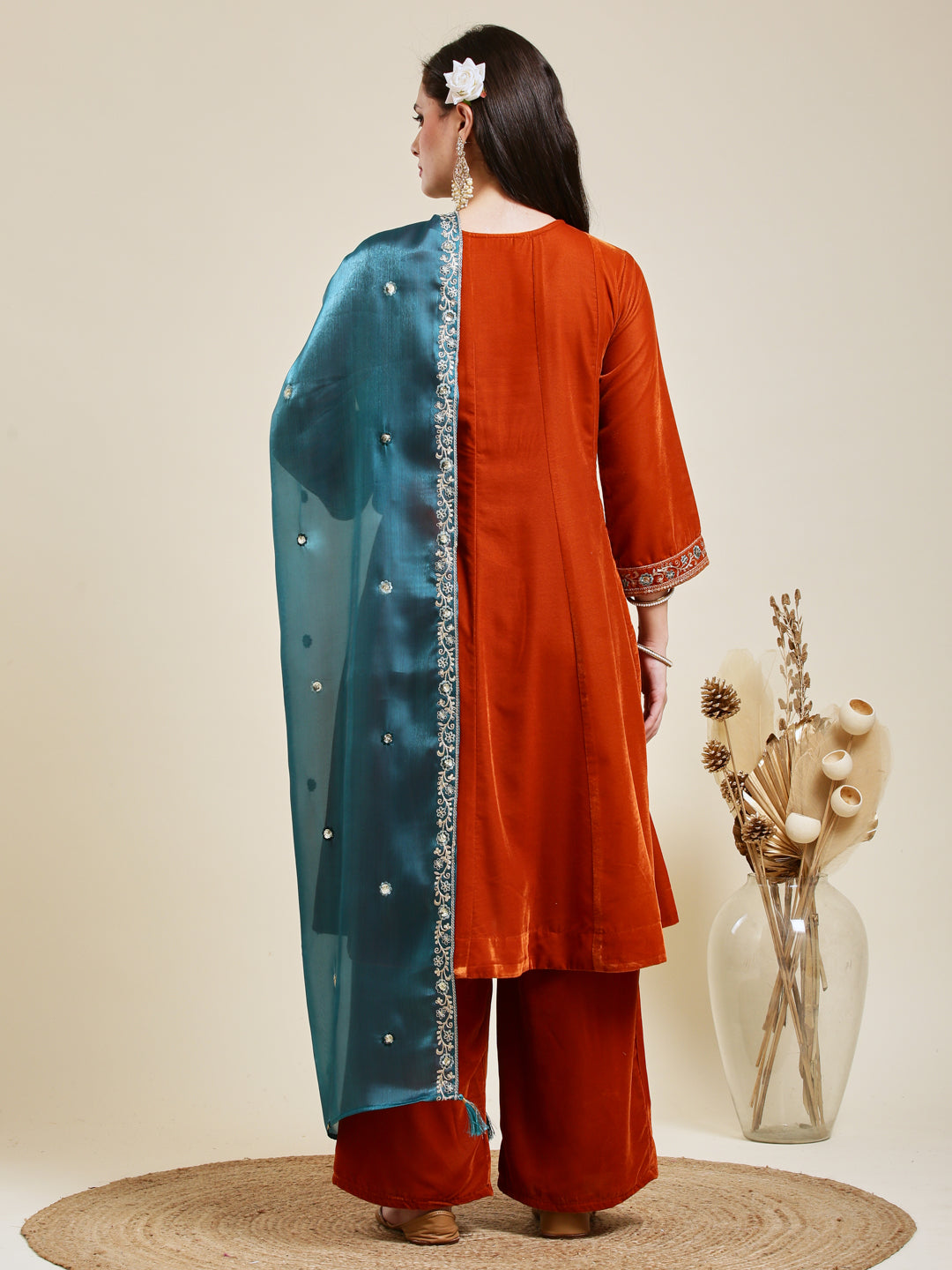 Orange Solid Velvet Anarkali Suit With Dupatta