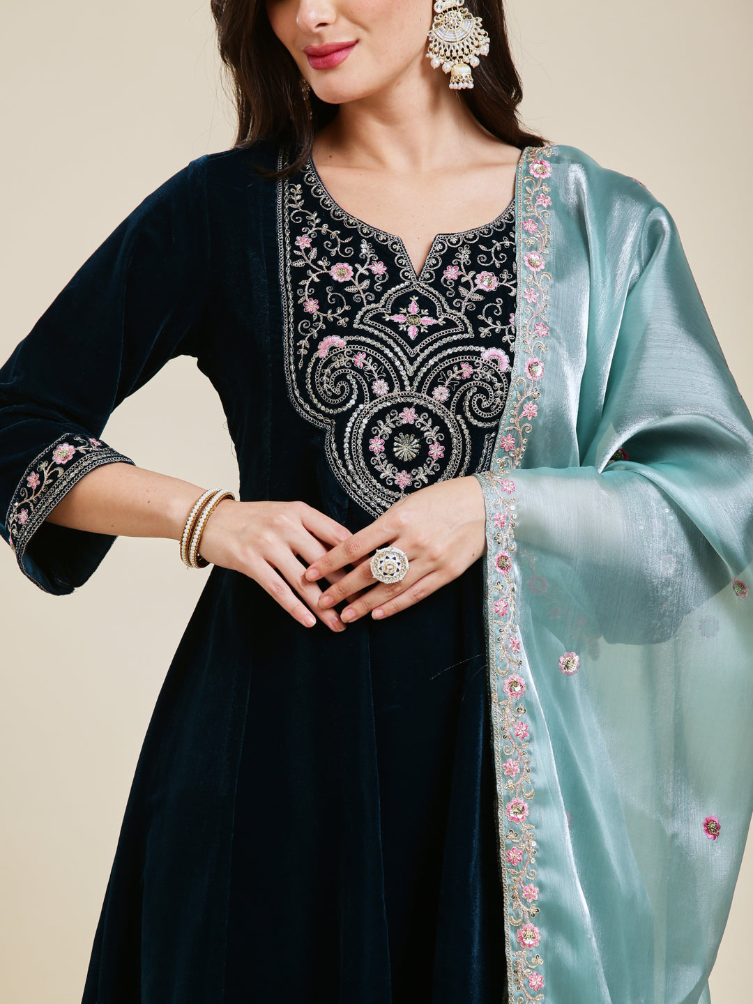 Teal Blue Solid Velvet Anarkali Suit With Dupatta