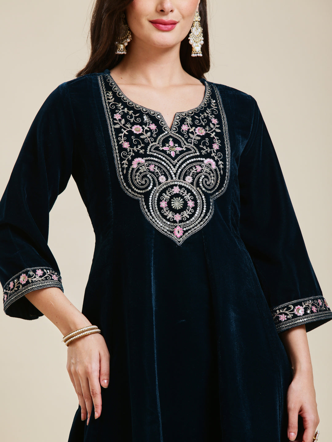 Teal Blue Solid Velvet Anarkali Suit With Dupatta