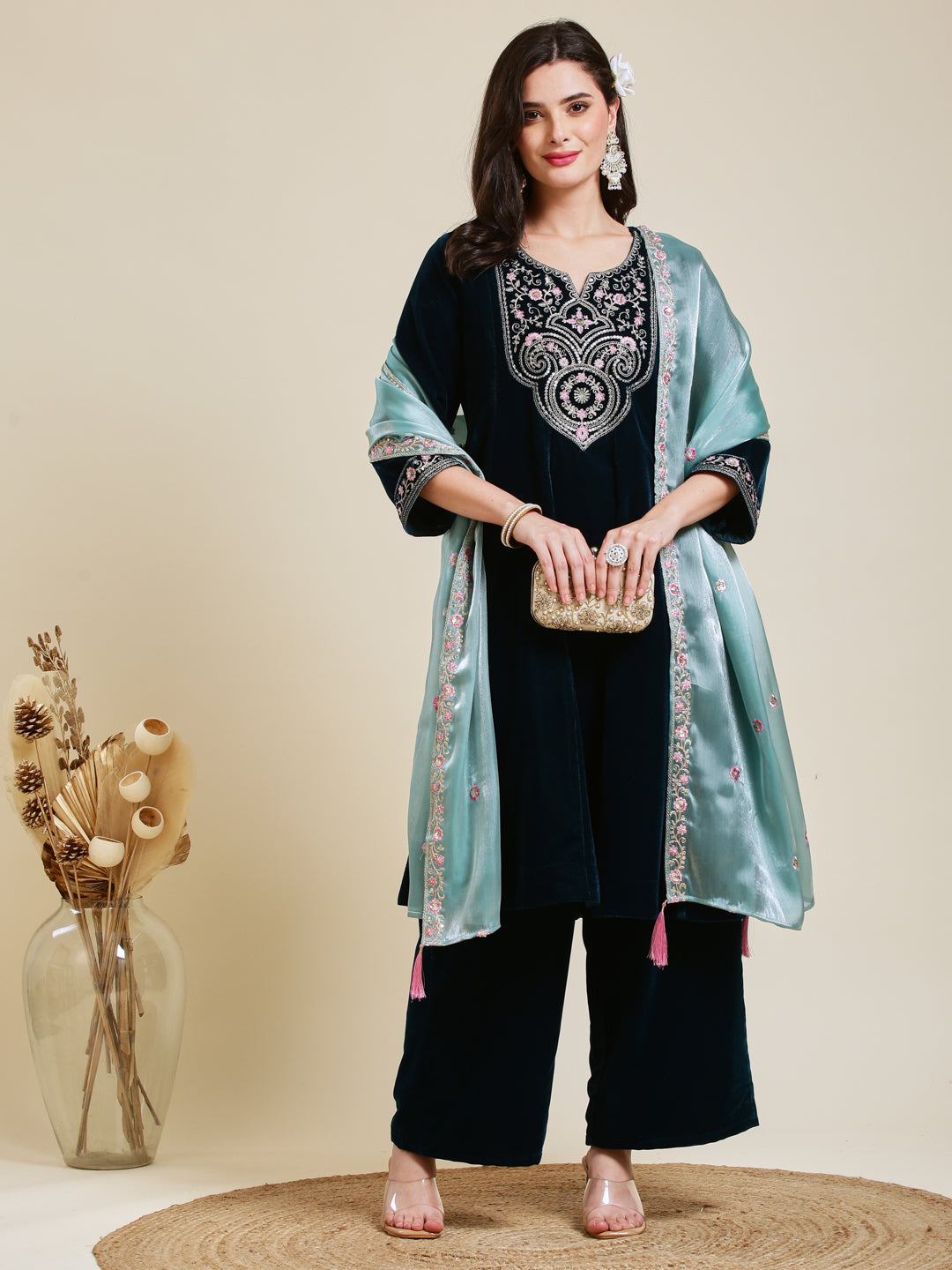 Teal Blue Solid Velvet Anarkali Suit With Dupatta