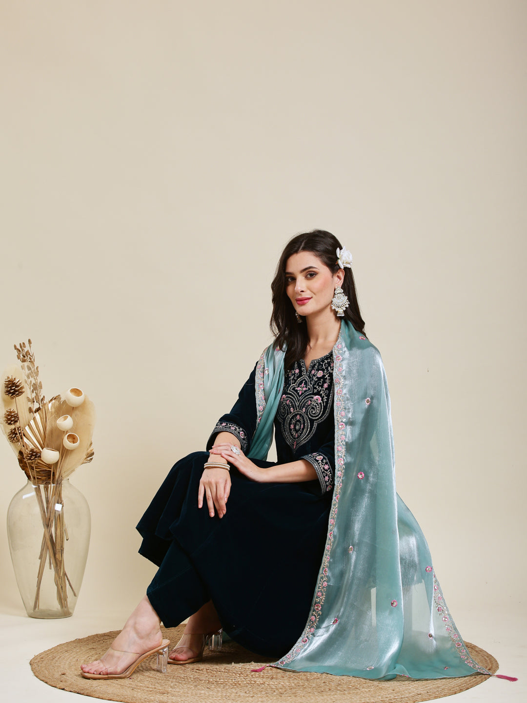 Teal Blue Solid Velvet Anarkali Suit With Dupatta