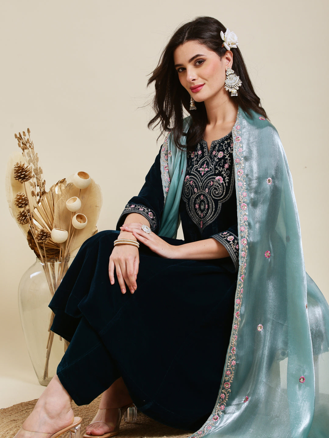 Teal Blue Solid Velvet Anarkali Suit With Dupatta