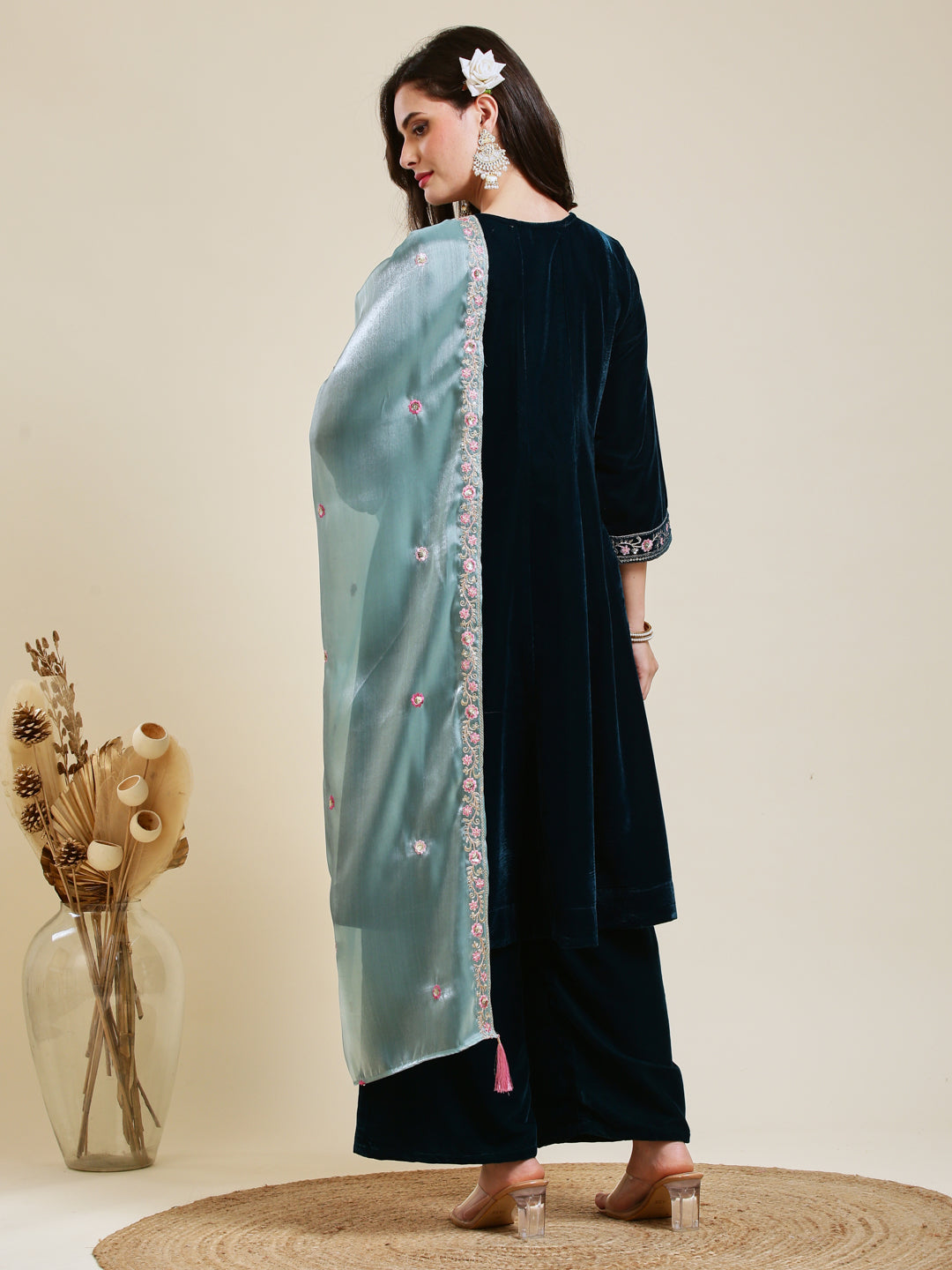 Teal Blue Solid Velvet Anarkali Suit With Dupatta