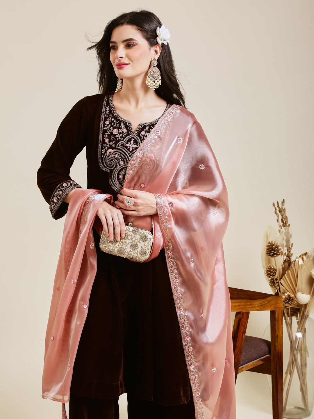 Coffee Solid Velvet Anarkali Suit With Dupatta