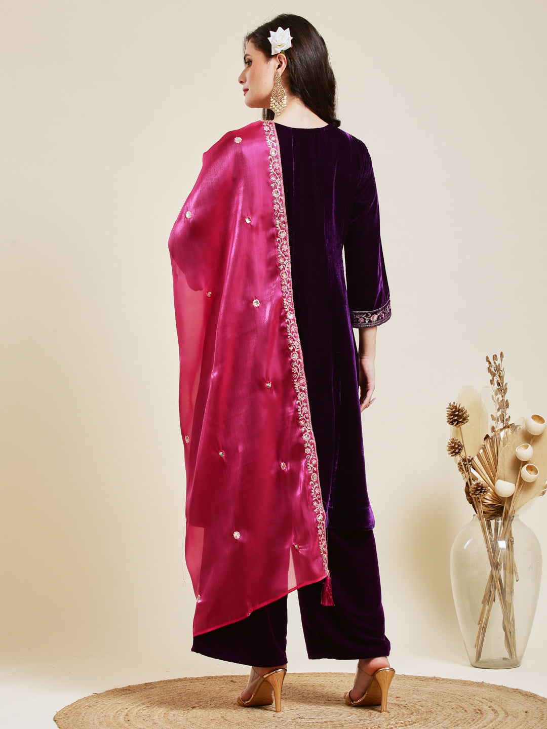 Violet Solid Velvet Anarkali Suit With Dupatta