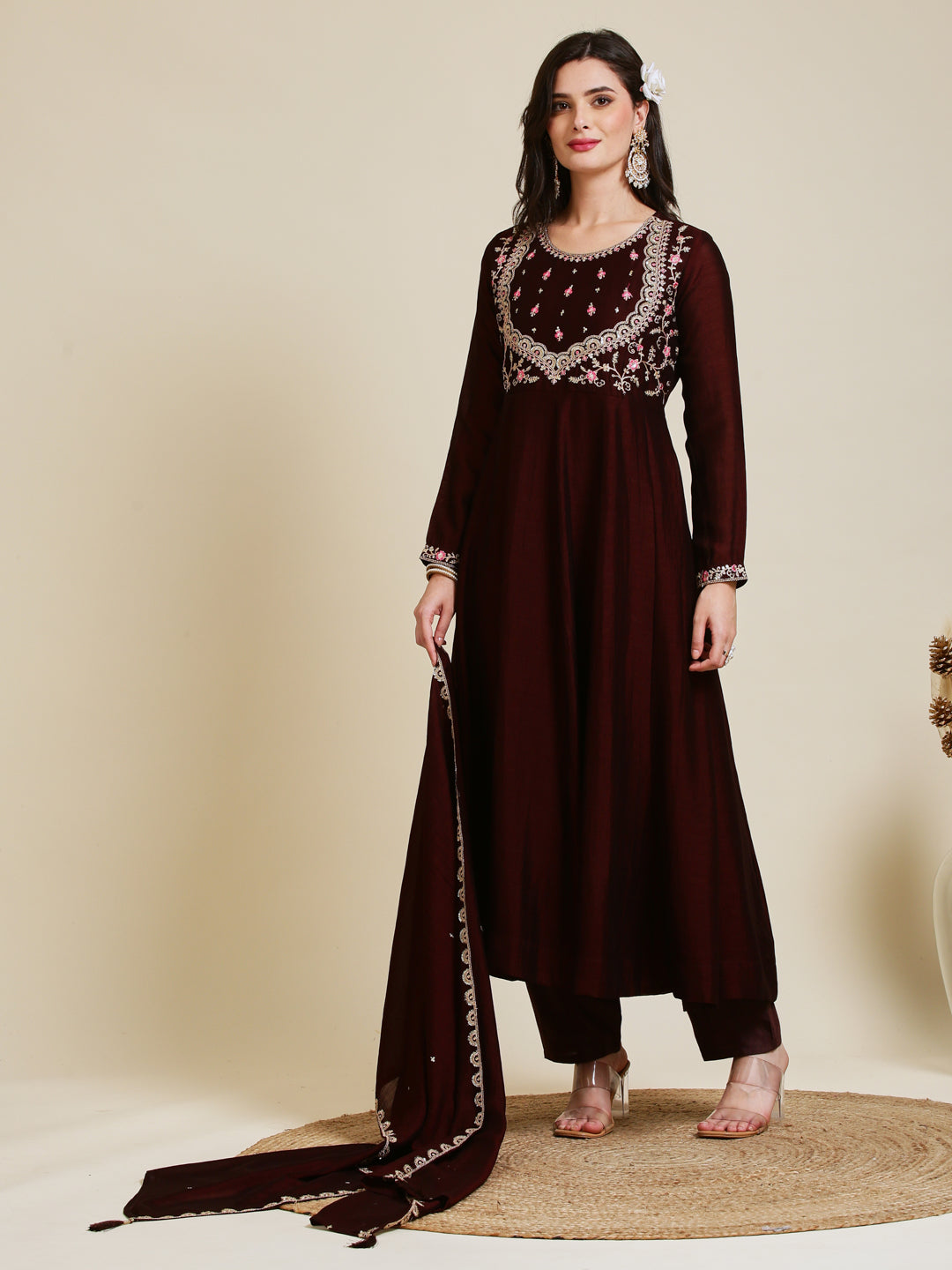 Coffee Embroidered Silk Anarkali Kurta With Dupatta Set