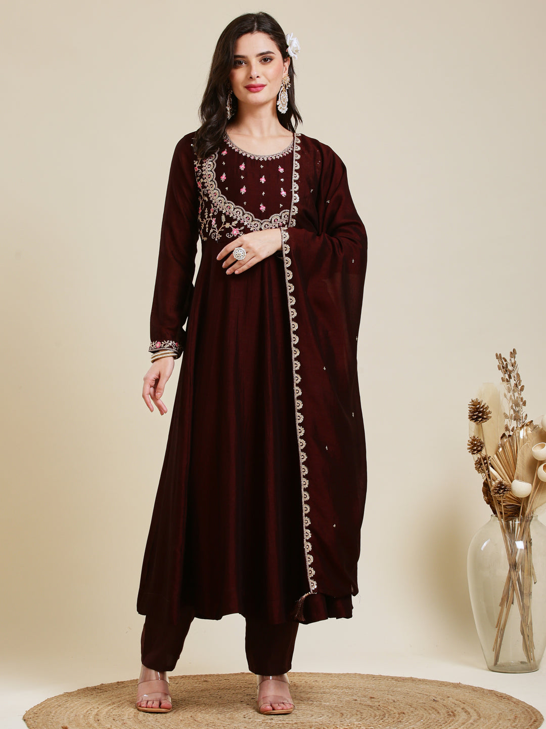 Coffee Embroidered Silk Anarkali Kurta With Dupatta Set